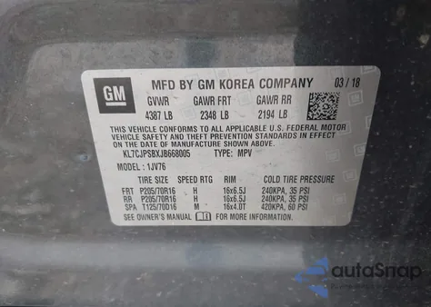 2018 Chevrolet Trax Lt z USA, uszkodzony, nr VIN KL7CJPSBXJB668005